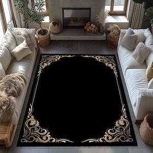 May include: Black and gold area rug with a decorative border of ornate swirls. The rug has a black background with a gold border.