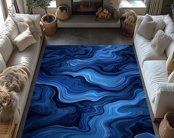 Abstrac Rug, Marble Rug, Marble Decor Rug, Marble Themed Rug, Deep Blue Marble Rug, Living Room Elegant Abstract Floor  Marble Texture Rug,