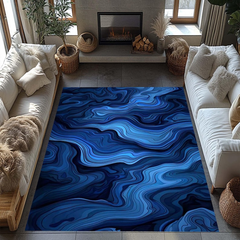 Abstrac Rug, Marble Rug, Marble Decor Rug, Marble Themed Rug, Deep Blue ...