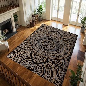Mandala-mönstermatta, Boho-matta, Geometrisk designmatta, Etnisk matta, Svart och beige dekorativ matta, Modern Boho, Hantverksmässig, Intrikat mönster bild 4