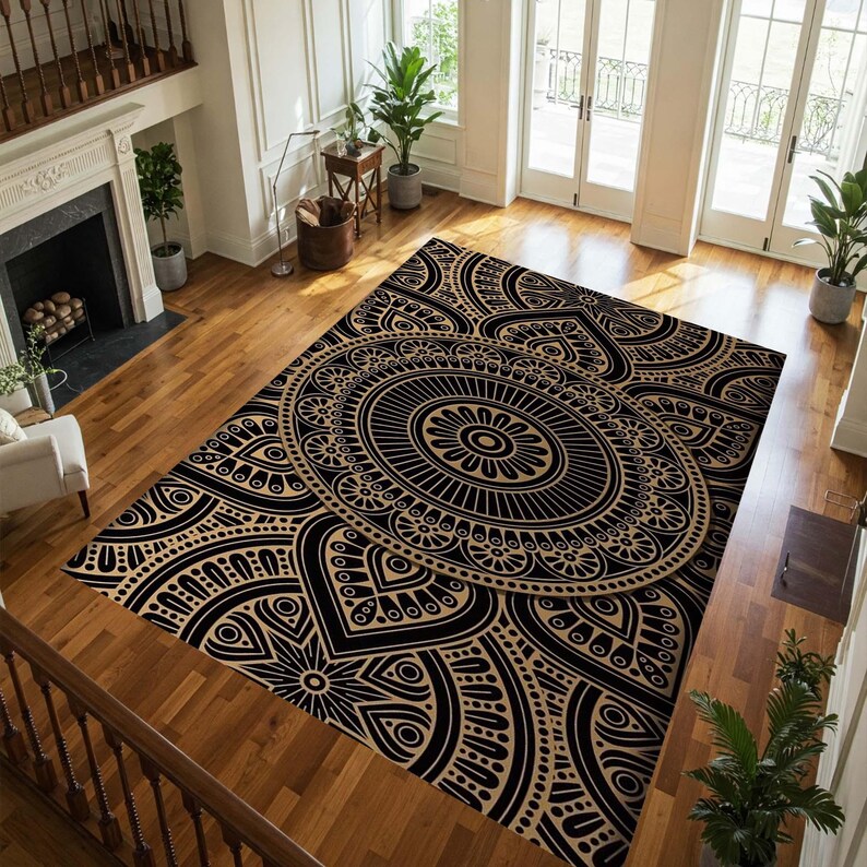 Mandala-mönstermatta, Boho-matta, Geometrisk designmatta, Etnisk matta, Svart och beige dekorativ matta, Modern Boho, Hantverksmässig, Intrikat mönster bild 4