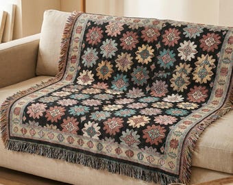 Vintage Floral Woven Throw Blanket: Teal Medallion Tapestry Wall Art