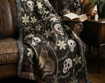 Memento Mori Woven Throw Blanket, Gothic Skulls Cat Tapestry Wall Art