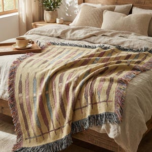 Könnte beinhalten: Eine gewebte gelbe Decke mit vertikalen Streifen in Rot, Blau und Braun. Sie hat einen Fransenrand und ist über einem Bett mit neutralfarbener Bettwäsche drapiert. Das Bett hat einen Holzrahmen. Maße in Zentimetern.