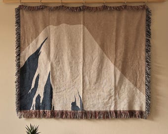 Japanese Tapestry Blanket, Sekka Mount Fuji Woven Throw, Minimal Rinpa Wall Hanging, Cotton Decor