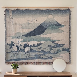 Crane Tapestry Blanket, Hokusai Mount Fuji Woven Throw, Japanese Woodblock Wall Hanging, Cotton Decor