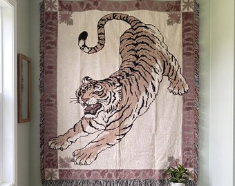 Woven Throw Blanket, Leaping Tiger with Rose Border Tapestry Wall Hanging, Cotton Eclectic Decor