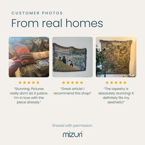 Customer photos card shown with the Leopard listing: three other woven blankets from our shop in buyers' homes, each with five stars and a short quote from the buyer's review.