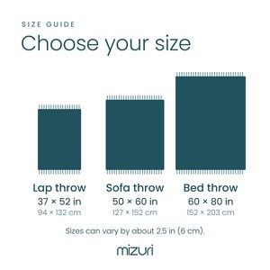 Size card for the Leopard woven blanket with its three sizes: lap throw 37 x 52 in (94 x 132 cm), sofa throw 50 x 60 in (127 x 152 cm) and bed throw 60 x 80 in (152 x 203 cm).