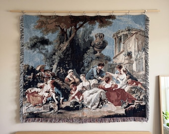 Woven Throw Blanket, Boucher The Bird Catchers Rococo Tapestry Wall Hanging, Cotton Jacquard French Decor