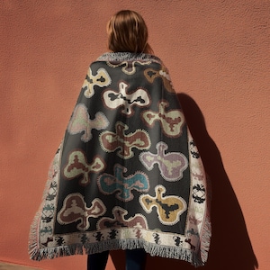 Abstract Throw Blanket: Tribal Woven Cotton Tapestry with Fringe
