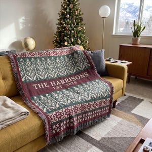 Personalized Christmas Blanket, Pine and Star Bands Folk Pattern Woven Throw, Last Name Evergreen Tapestry