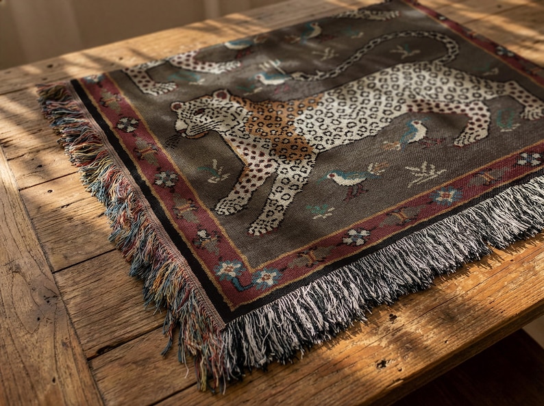 May include: A rectangular throw blanket with a detailed leopard design. The blanket features a dark gray background with a leopard, birds, and floral accents. The border is a burgundy color with a fringe edge.