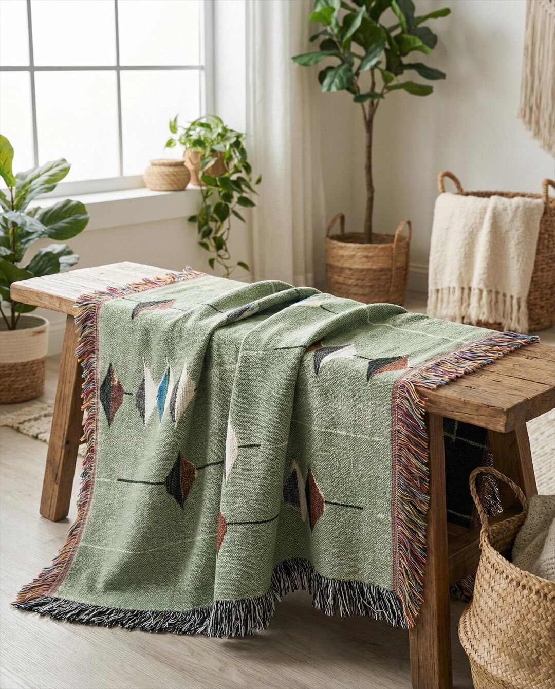 Japanese Pattern Throw Japanese Modernism Woven Throw Blanket: Furuya Kōrin Geometric Sage ...