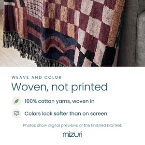 Woven, not printed card for the Leopard blanket: a close-up of colored cotton yarns woven into a checked pattern, with notes on 100% cotton yarns and colors that look softer than on screen.