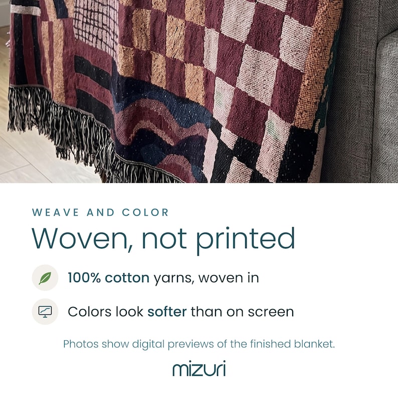 Woven, not printed card for the Leopard blanket: a close-up of colored cotton yarns woven into a checked pattern, with notes on 100% cotton yarns and colors that look softer than on screen.
