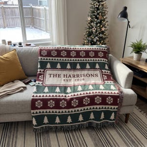 Personalized Christmas Blanket, Snowflake and Pine Tree Bands Woven Throw, Family Name Tapestry