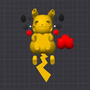 Puede incluir: Una figura de Pikachu amarilla desmontada con componentes separados: orejas, mejillas, cola, pies y cola de rayo. También se incluyen acentos en blanco y negro. La figura está sobre un fondo de cuadrícula gris oscuro.