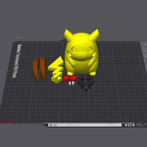 Puede incluir: Una figura amarilla de Pikachu con orejas marrones separadas, un rayo amarillo, círculos rojos y pies negros. La figura está sobre una cuadrícula negra con el texto "Bambu Textured PEI Plate".