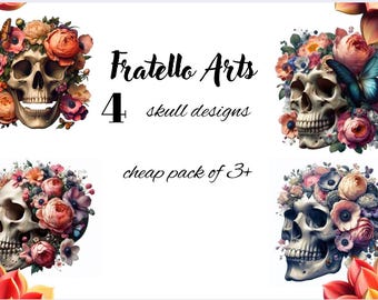 Könnte beinhalten: Ein Bild mit vier Totenkopf-Designs, die mit Blumenarrangements und Schmetterlingen verziert sind. Der Text "Fratello Arts" und "4 skull designs" sind zu sehen. Der Satz "cheap pack of 3+" ist ebenfalls sichtbar.