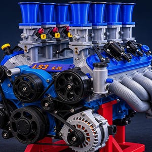 Op de afbeelding: Gedetailleerd model van een LS3 6.2L motor, voornamelijk blauw en zilver. De motor heeft verschillende onderdelen zoals riemen, katrollen en uitlaatspruitstukken. Gemonteerd op een rode standaard tegen een donkerblauwe achtergrond.