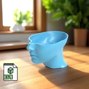 May include: A light blue, human-head-shaped planter. The planter is made of a smooth material and has a hollowed-out top for planting. The planter is sitting on a wooden surface. A digital file icon with the letters "STL" is in the lower left corner.