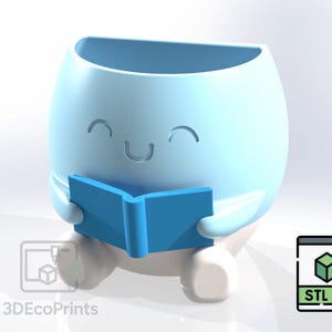 May include: A light blue, cartoon-style planter with a smiling face, holding a blue book. The planter has a round body, a wide opening, and small feet. The image includes the text "3DEcoPrints" and an "STL" file icon.