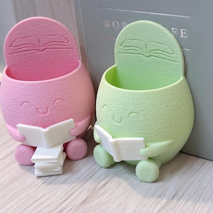 Reading Bookend Buddy Planter with Tray | Fuzzy 3D Printed Pot | Cute Gift for Book Lovers