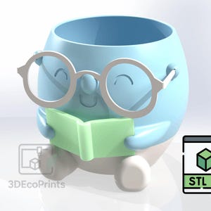 Reading Buddy with Glasses & Tray STL | Cute 3D Printable Planter Pot | Desk Decor File | Pen Holder STL