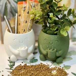 Coffee Lover Buddy Planter | Fuzzy 3D Printed Pot with Mug | Cozy Desk or Kitchen Decor
