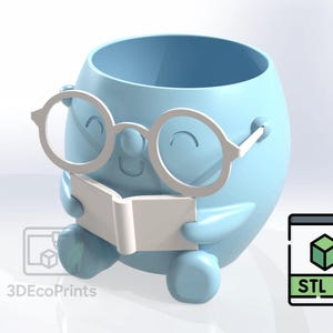 Reading Buddy with Glasses STL | Cute 3D Printable Planter Pot | Desk Decor File | Pen Holder STL | Fuzzy Finish Friendly