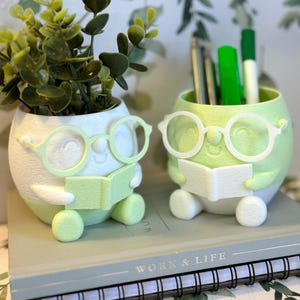 May include: Two novelty egg-shaped planters, one with greenery and the other with pens. They are light green and white, wearing glasses and holding a book. The planters are on a book labelled "WORK & LIFE".