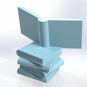 Puede incluir: Una pila de libros de color azul claro, con uno abierto en la parte superior. El libro abierto está en posición vertical, con las páginas extendidas. Los libros están renderizados en un estilo minimalista en 3D, lo que sugiere un enfoque en el diseño y la forma.