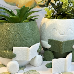 Reading Buddy Planter with Tray | Fuzzy 3D Printed Pot | Cute Gift for Book Lovers & Desk Decor Fans