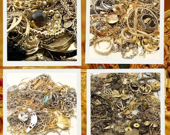 May include: A collection of gold and silver jewelry, including chains, bracelets, rings, and earrings. The jewelry is piled high and appears to be vintage or antique.