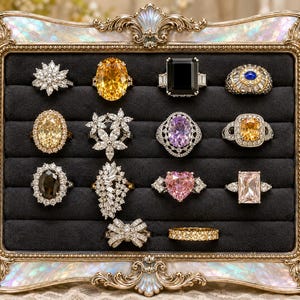May include: A rectangular jewelry display tray with an ornate, iridescent, and gold-toned frame, featuring a black velvet interior with fourteen assorted rings. The rings include various gemstone shapes, such as oval, emerald, heart, and round cuts.