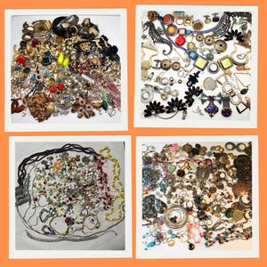 1/4 LB Costume Jewelry Parts Lot Bits + Pieces Rhinestones gold silver tone n more Modern little Vintage Destash Crafting Resale Mystery Box