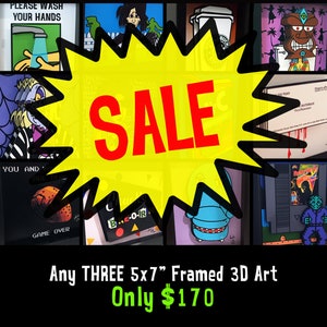 SALE Save TEN DOLLARS Pick any three 5x7 3D Art Horror Art Bathroom Decor Bathroom Signs Horror Print Retro Video Game Art Disney Decor image 1