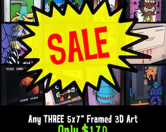 Pick Any Three 5x7&quot; Framed 3D Art Prints: Horror, Retro Game, Bathroom Decor