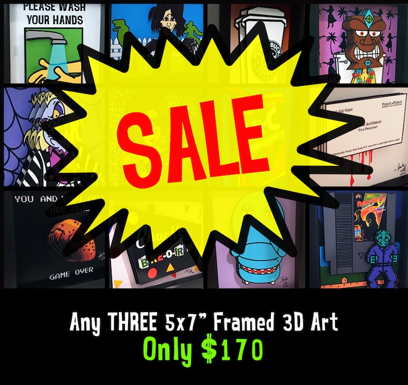 SALE Save TEN DOLLARS Pick any three 5x7 3D Art Horror Art Bathroom Decor Bathroom Signs Horror Print Retro Video Game Art Disney Decor image 1