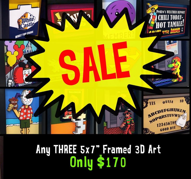 SALE Save TEN DOLLARS Pick any three 5x7 3D Art Horror Art Bathroom Decor Bathroom Signs Horror Print Retro Video Game Art Disney Decor image 5