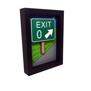 May include: A framed illustration of a green exit sign with a white arrow pointing right and the number 0. The sign is on a wooden post and is set against a backdrop of a cartoon road with green grass and a gray road.