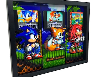 May include: A framed 3D artwork featuring three Sega Genesis game cartridges. The cartridges are for Sonic the Hedgehog, Sonic the Hedgehog 2, and Sonic the Hedgehog 3. The artwork is set against a blue sky background with green grass and palm trees.