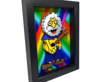 May include: A framed 3D illustration of a cartoon character playing a guitar. The character has a white beard and is wearing a blue shirt and blue pants. The background is a rainbow of colors.