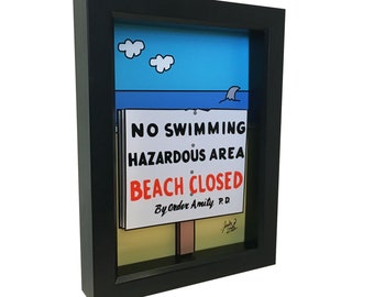 Framed Jaws Movie Art: Amity Island Beach Sign, 3D Horror Decor