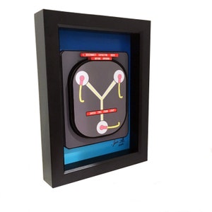 May include: A framed 3D papercraft of the flux capacitor from the Back to the Future movie. The flux capacitor is gray with yellow wires and red buttons. The frame is black with a blue background. The text "DISCONNECT CAPACITOR BEFORE OPENING" and "SHIELD EYES FROM LIGHT" is visible on the flux capacitor.