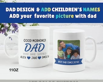 Personalized Dad Photo Mug, Custom Names, Year, Blue Design