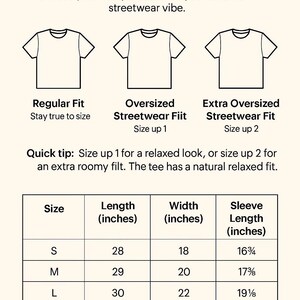 Pode incluir: Imagem com texto: "Encontre o seu ajuste perfeito". Inclui uma tabela de tamanhos com medidas em polegadas para comprimento, largura e comprimento da manga para os tamanhos S, M, L e XL. Tamb&eacute;m mostra os estilos de ajuste Regular, Oversized e Extra Oversized.