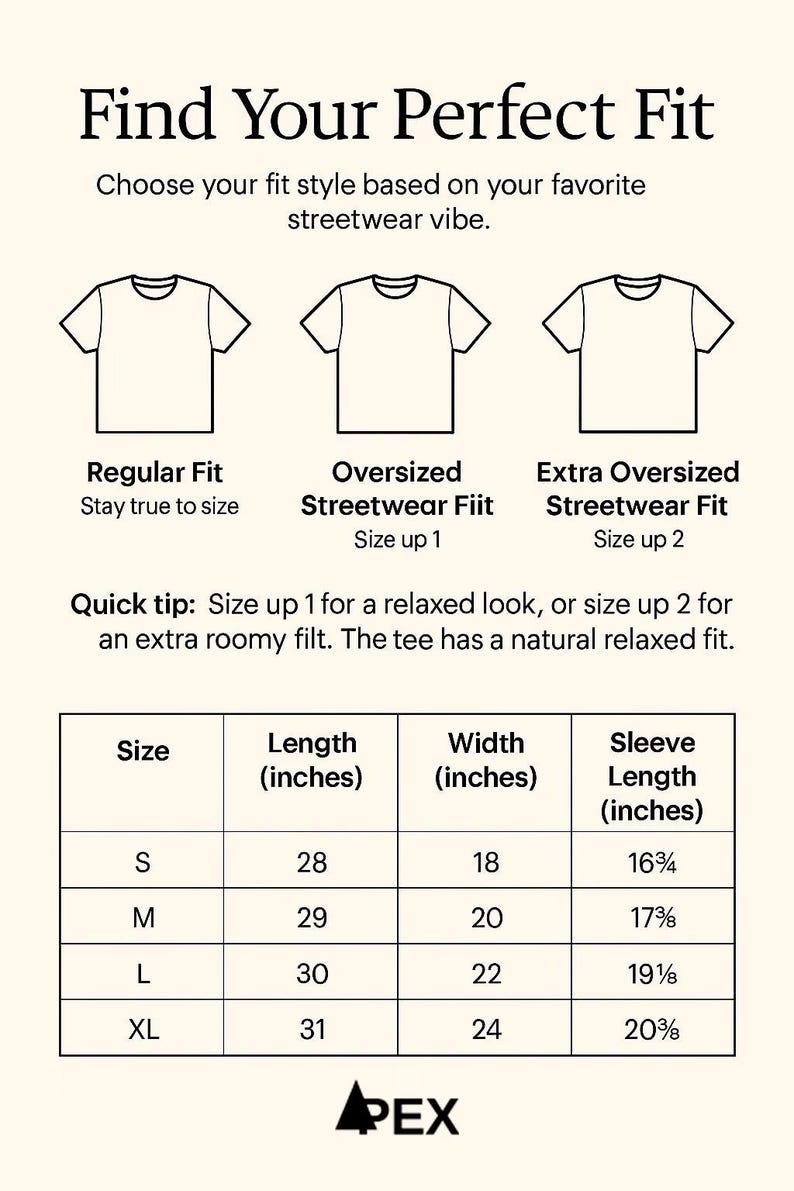 Pode incluir: Imagem com texto: "Encontre o seu ajuste perfeito". Inclui uma tabela de tamanhos com medidas em polegadas para comprimento, largura e comprimento da manga para os tamanhos S, M, L e XL. Tamb&eacute;m mostra os estilos de ajuste Regular, Oversized e Extra Oversized.
