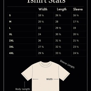 May include: Cream-colored heavyweight T-shirt with size chart. The chart displays measurements for width, length, and sleeve length in inches for sizes S through 4XL. The text "Tshirt Stats" is above the chart.